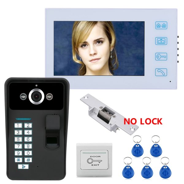 7" TFT Fingerprint Recognition RFID Password Video Door Phone Intercom Doorbell With With NO-Electric Strike Door Lock