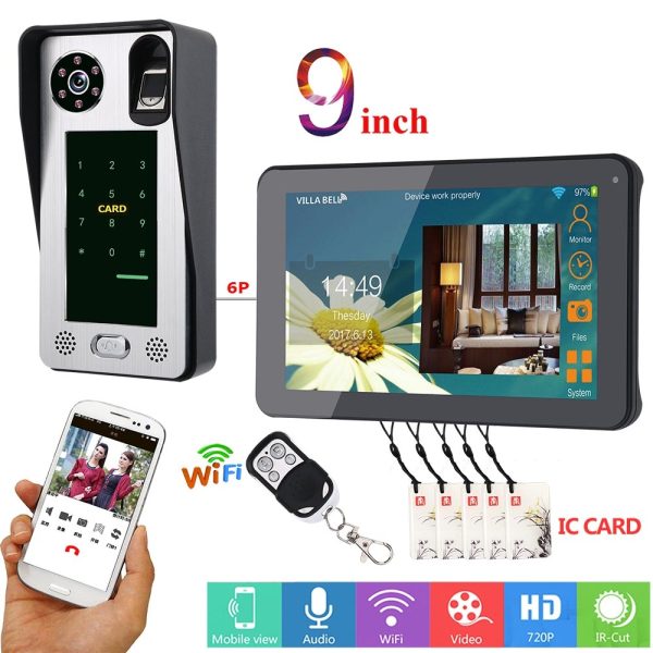 MOUNTAINONE 9 inch Wired Wifi Fingerprint IC Card  Video Door Phone Doorbell Intercom System with Door Access Control System